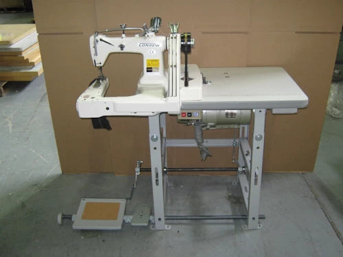 Consew 345-3 High Speed Feed-Off-The-Arm Type Drop Feed Double Chainstitch Lap Seam Felling 3 Needles Lockstitch Industrial Sewing Machine With Table and Servo Motor