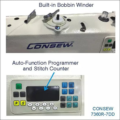 Consew 7360R-7DD High Speed Single Needle Drop Feed Lockstitch Industrial Sewing Machine with Table and Servo Motor