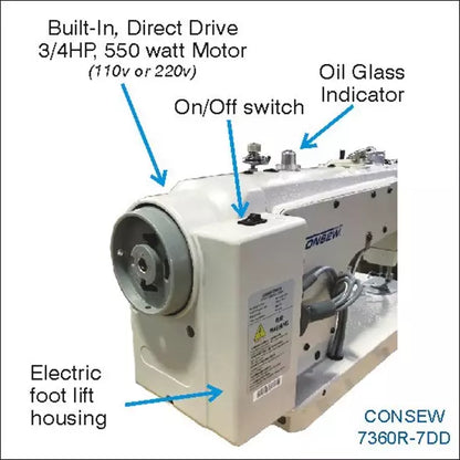 Consew 7360R-7DD High Speed Single Needle Drop Feed Lockstitch Industrial Sewing Machine with Table and Servo Motor