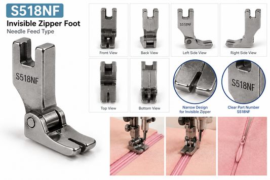 S518NF Invisible Zipper Presser Foot for Industrial Needle Feed Sewing Machines
