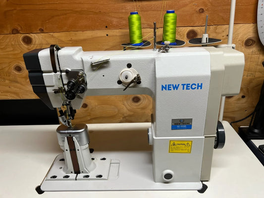 New-Tech GC-9920D High Speed, Post Bed, 2 Needle, Roller Feed, Lockstitch Industrial Sewing Machine With Table and Built-In Direct Drive Servo Motor