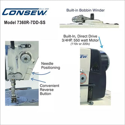 Consew 7360R-7DD-SS High Speed Single Needle Drop Feed with Stainless Steel Bed Lockstitch Industrial Sewing Machine With Table and Servo Motor