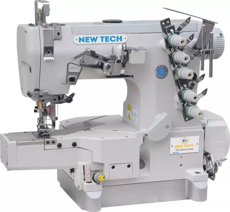 New-Tech GC-664-01DA 3-Needle 5-Thread Cylinder Bed Coverstitch Industrial Sewing Machine with Table and Built in Direct Drive Servo Motor