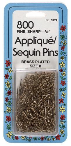 Applique/Sequin Pins, Brass Plated, Size 8 (1/2