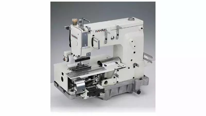 KANSAI SPECIAL DFB-1412PQ 12-Needle Flat Bed Double Chain Stitch Machine for Simultaneous Shirring with Table and Servo Motor
